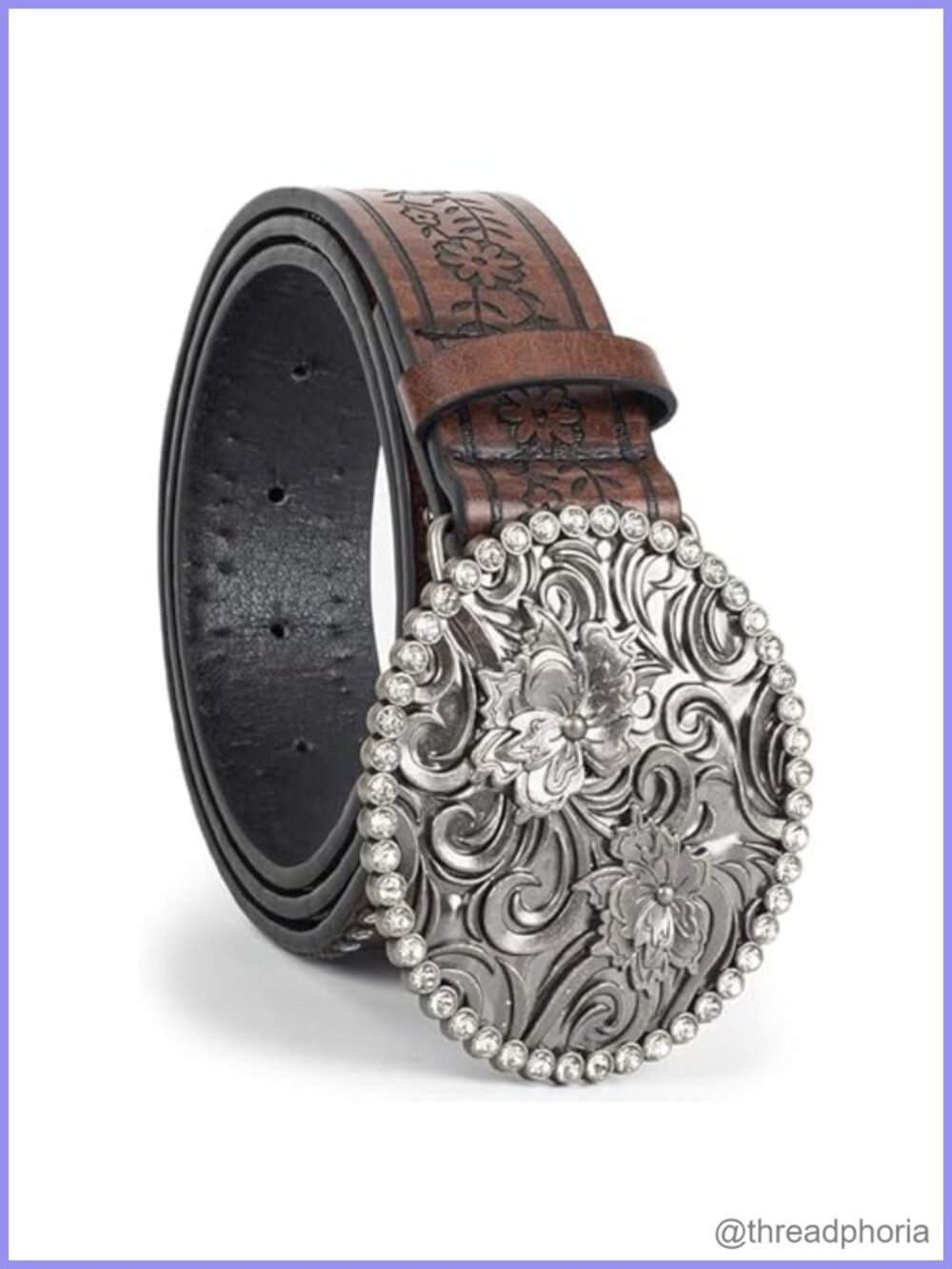 PU Leather Western Belt Rhinestone Buckle Cowgirl Floral Embossed Jeans